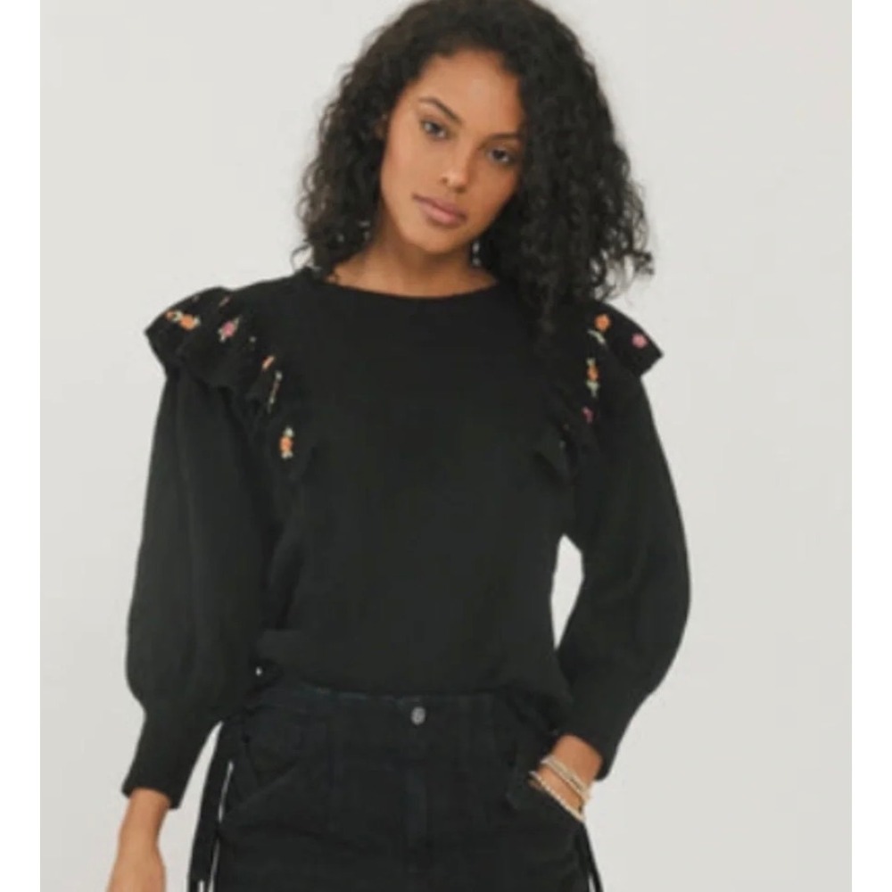Something Navy Louise Embroidered Ruffle Sweater Black XS SWET000233BKXS
